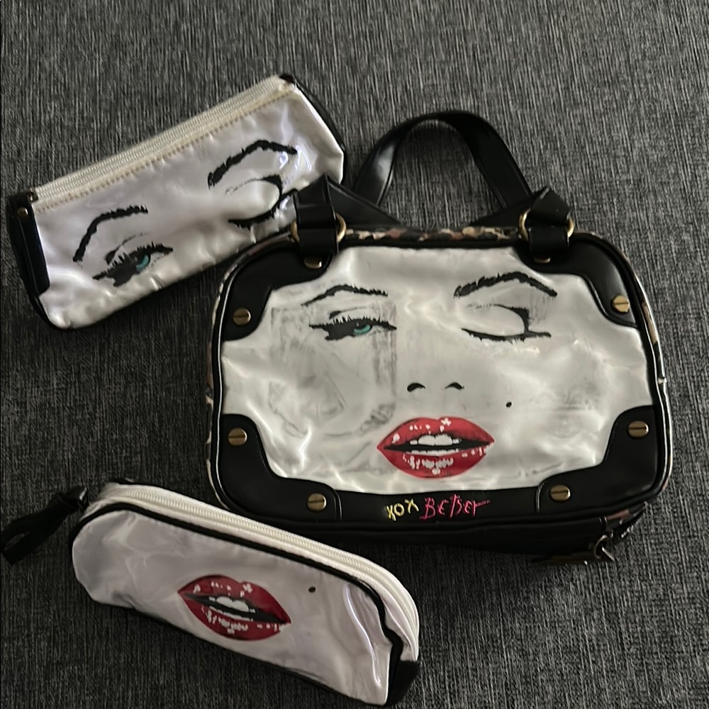 Betsey Johnson Black and White Face Print Cosmetic Bag Set